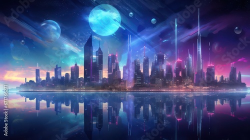 Neon night city of the future. Night panorama of the city  neon light  lights of a large metropolis  high-rise buildings. 3D illustration