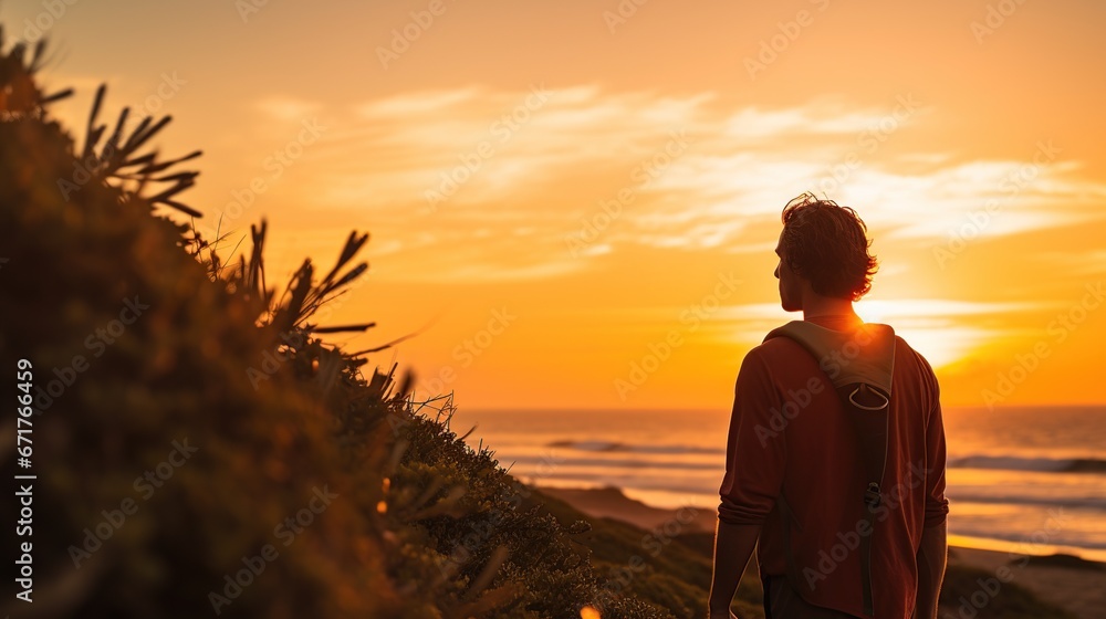 Fototapeta premium Lonely man surfer holding surfboard on the sunset beach. AI generated image
