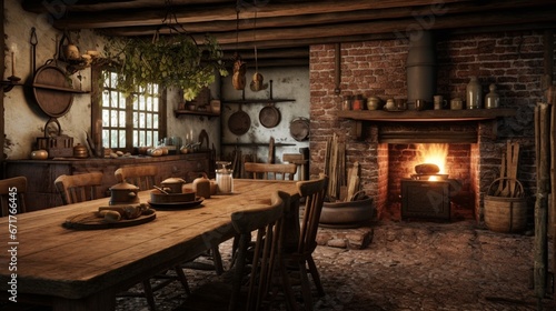 A rustic farmhouse kitchen featuring a long wooden table, vintage utensils hanging on the wall, and a brick fireplace in the corner.