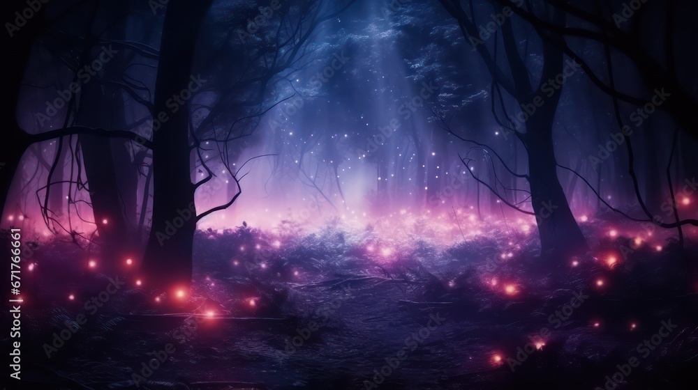 Night magical fantasy forest. Forest landscape, neon, magical lights in the forest. Fairy-tale atmosphere, fog in the forest, silhouettes of trees