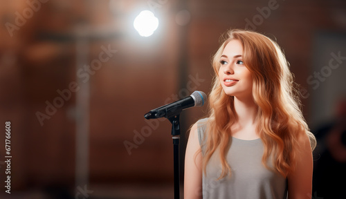 Young girl or woman singing into a microphone on stage. Concept of talents, singers and concerts. Shallow field of view with copy space.