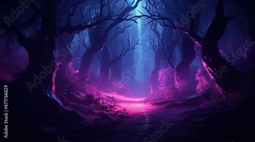 Night magical fantasy forest. Forest landscape, neon, magical lights in the forest. Fairy-tale atmosphere, fog in the forest, silhouettes of trees