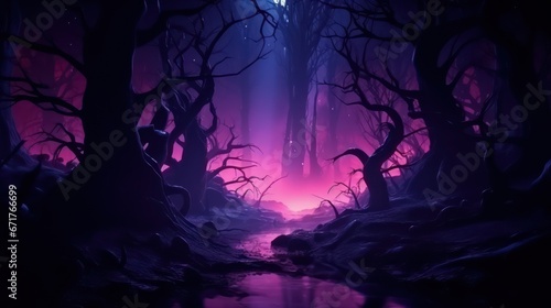 Night magical fantasy forest. Forest landscape, neon, magical lights in the forest. Fairy-tale atmosphere, fog in the forest, silhouettes of trees