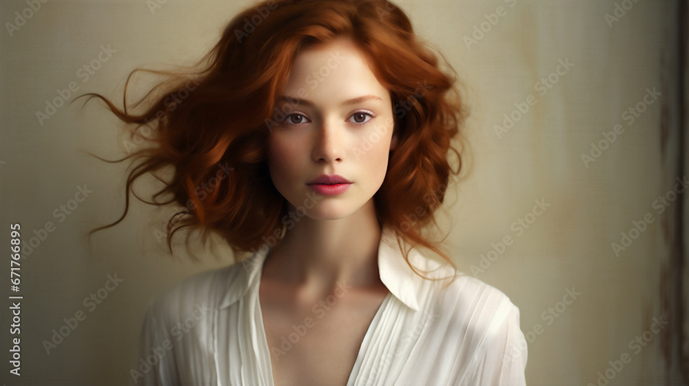 Portrait of a beautiful fashion model with red hair and wearing a white shirt. Highlighting a natural, healthy complexion, skin care and cosmetics. Portrait of a beautiful fashion model with red hair and wearing a white shirt. Highlighting a natural, healthy complexion, skin care and cosmetics.