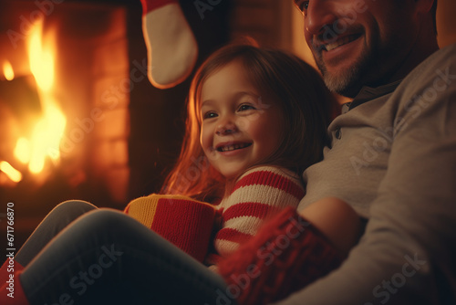 Warm Winter Moments: Happy Father and Daughter by the Fireplace at Home