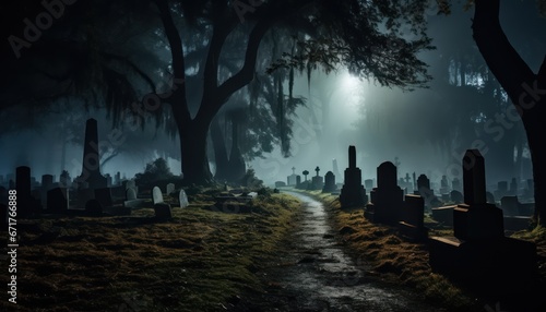 Photo of a Mysterious Path Leading Through a Hauntingly Beautiful, Moonlit Cemetery