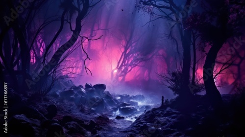 Night magical fantasy forest. Forest landscape  neon  magical lights in the forest. Fairy-tale atmosphere  fog in the forest  silhouettes of trees