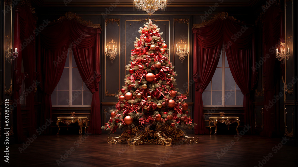 christmas tree with christmas decorations  in the room interior decoration New Year's studio holiday celebration desktop wallpaper