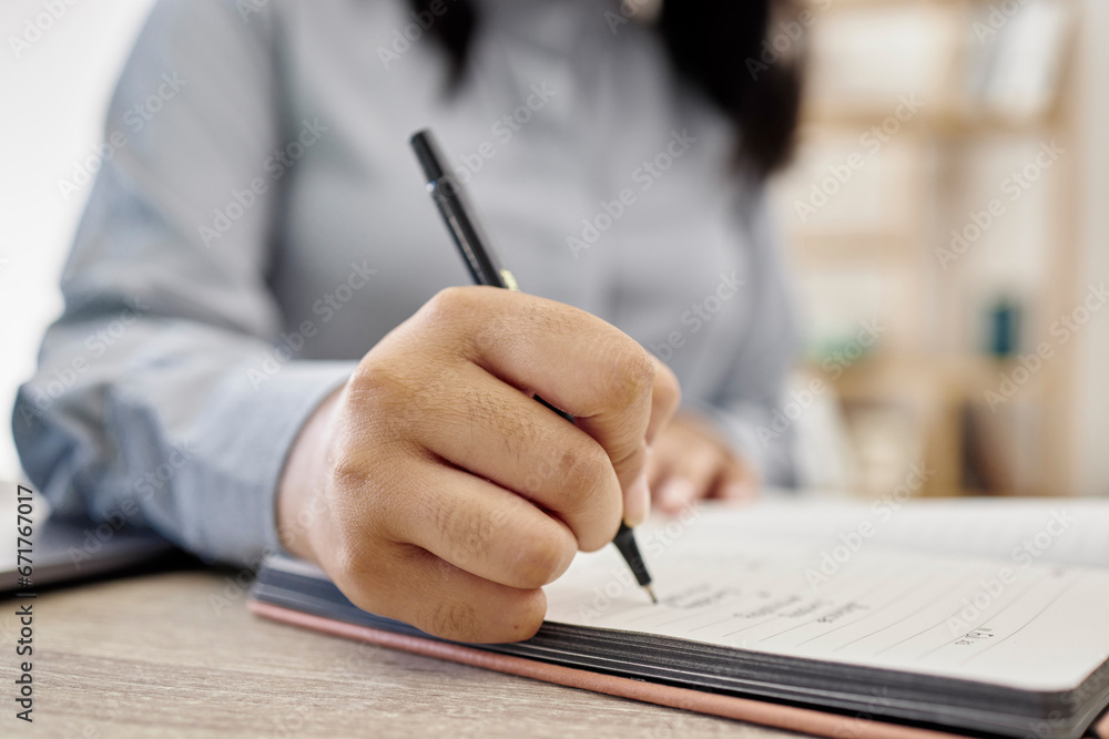 Planning, writing and hands of woman with notebook at desk in office for learning, notes and checklist. Brainstorming, strategy and closeup of female person with pen write ideas, schedule or reminder Planning, writing and hands of woman with notebook at desk in office for learning, notes and checklist. Brainstorming, strategy and closeup of female person with pen write ideas, schedule or reminder