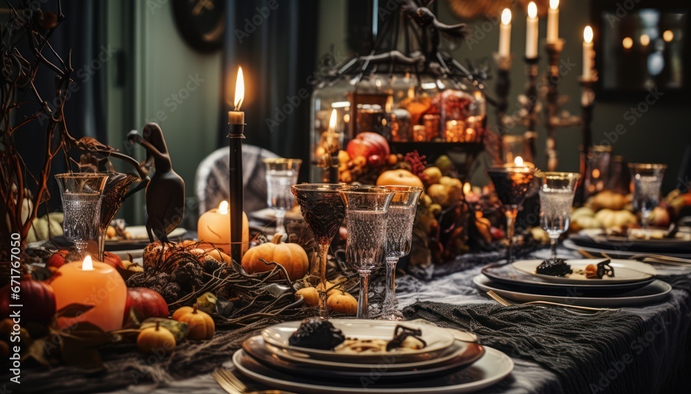 Photo of a Spooky Halloween Dinner Table with Eerie Decorations and Ghoulish Pumpkins