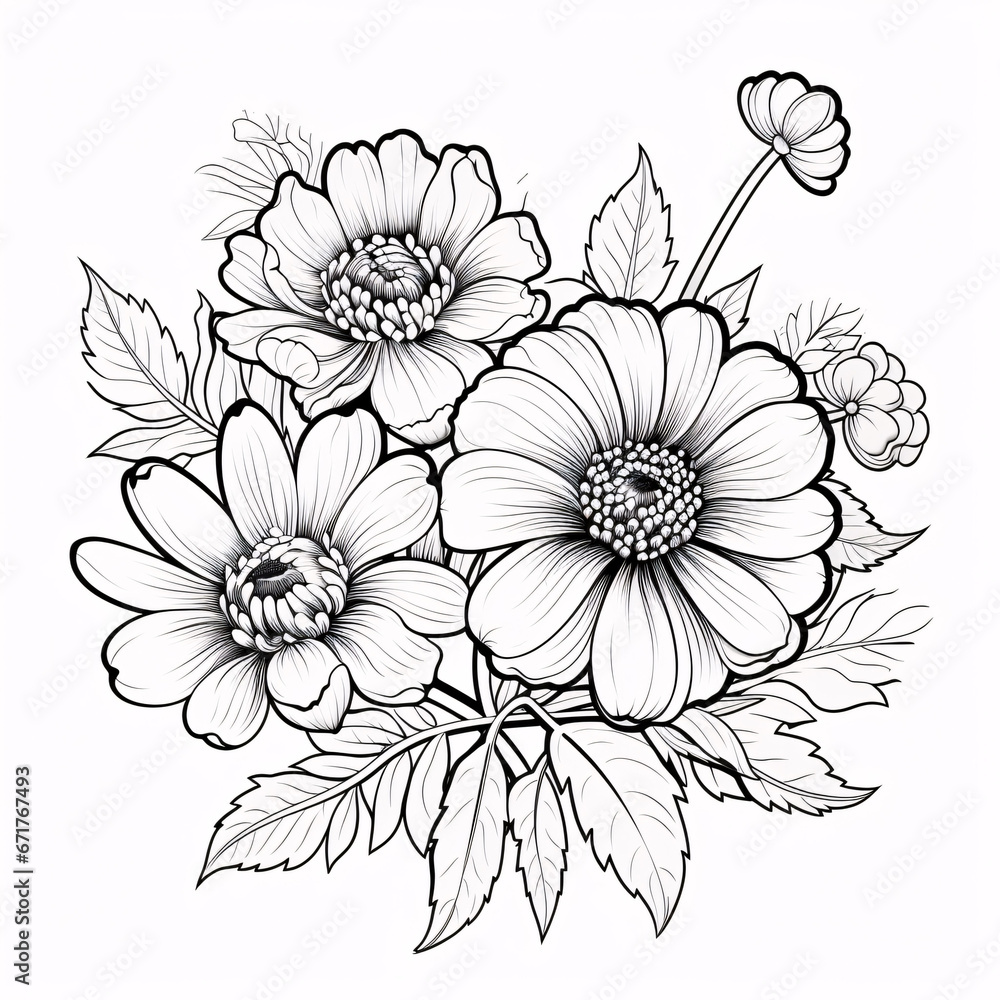 A hand-drawn primrose loring book of vector illustration artistic, blossom  flowers narcissus isolated on white background, sketch art leaf branch botanic collection for adults 