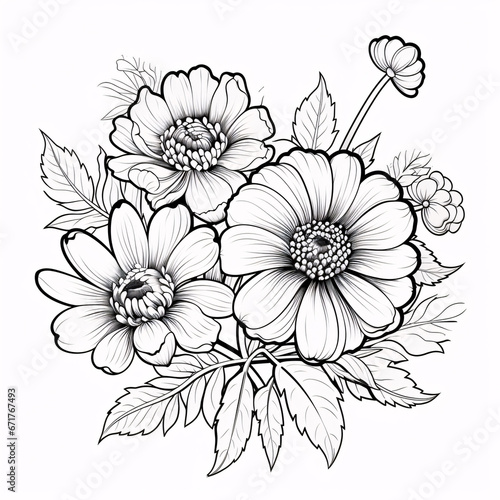 A hand-drawn primrose loring book of vector illustration artistic  blossom  flowers narcissus isolated on white background  sketch art leaf branch botanic collection for adults 