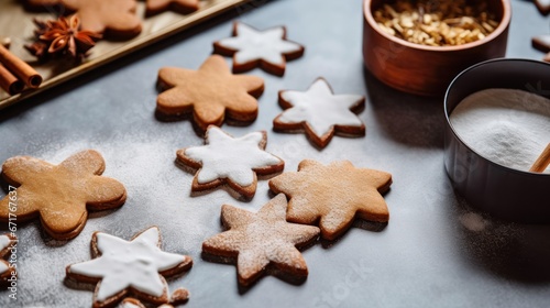 Baking gingerbread man Christmas cookies in kitchen