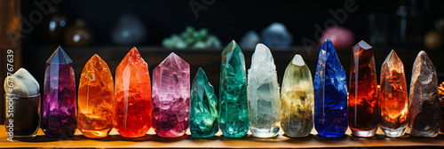 Multicolored chakra crystals arranged on a background.