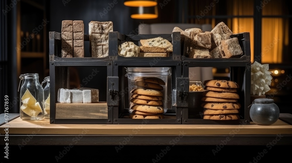  a display case filled with lots of different types of cookies and cookies in glass containers on top of a wooden table.  generative ai