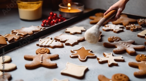 Baking gingerbread man Christmas cookies in kitchen