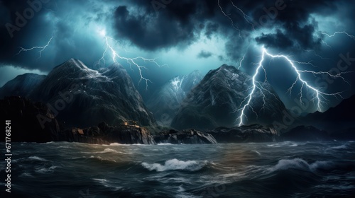 Night sea dramatic landscape with a storm. Night storm on the ocean. Gloomy giant waves and lightning. Dark cloudy sky above the water © Terablete
