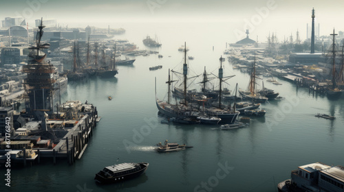 An image of a busy harbor with many ships and boats in the water photo