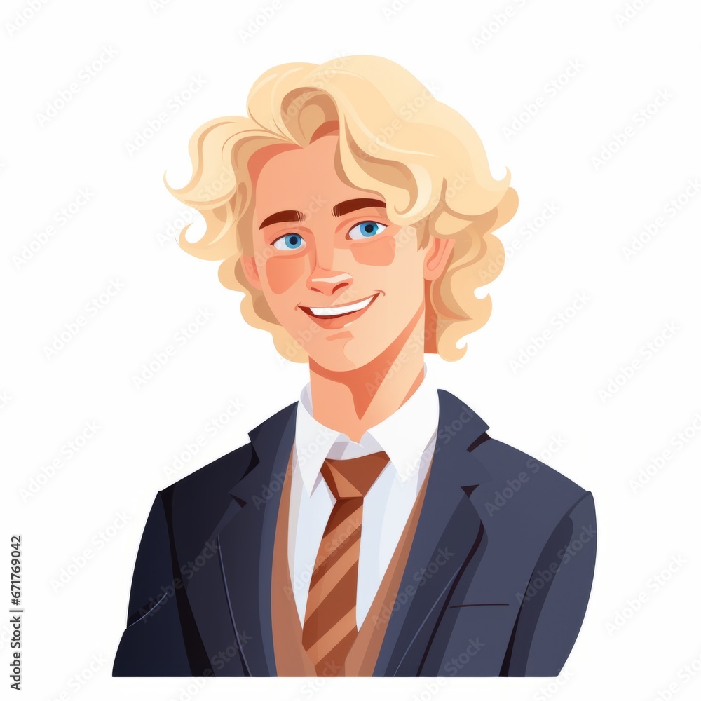 Smiling Teen White Man with Blond Straight Hair Flat Illustration. Portrait of Business Character on white background. Business Person in Casual Clothes. Ai Generated Square Cartoon Illustration.