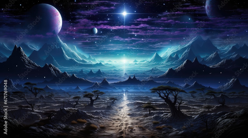 Fantasy landscape with mountains and alien planet. 3D illustration.