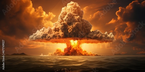 3d illustration of big explosion over the sea at sunset. The concept of disaster