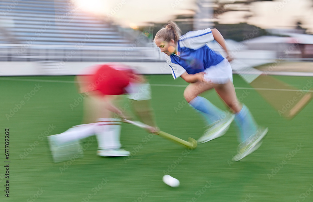 Obraz premium Hockey, women and sports speed on field for athlete team playing in competition tournament. Fitness, ground and workout of girl sport people playing outdoor stadium game with motion blur.