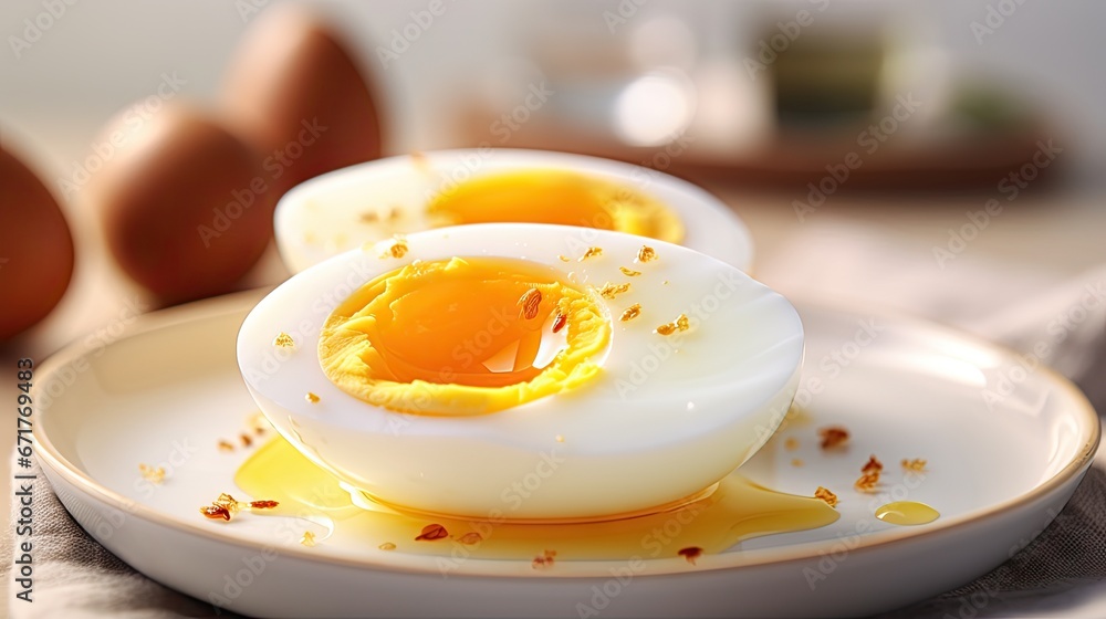 a white plate topped with an egg on top of a table next to two eggs on a white table cloth. generative ai a white plate topped with an egg on top of a table next to two eggs on a white table cloth. generative ai