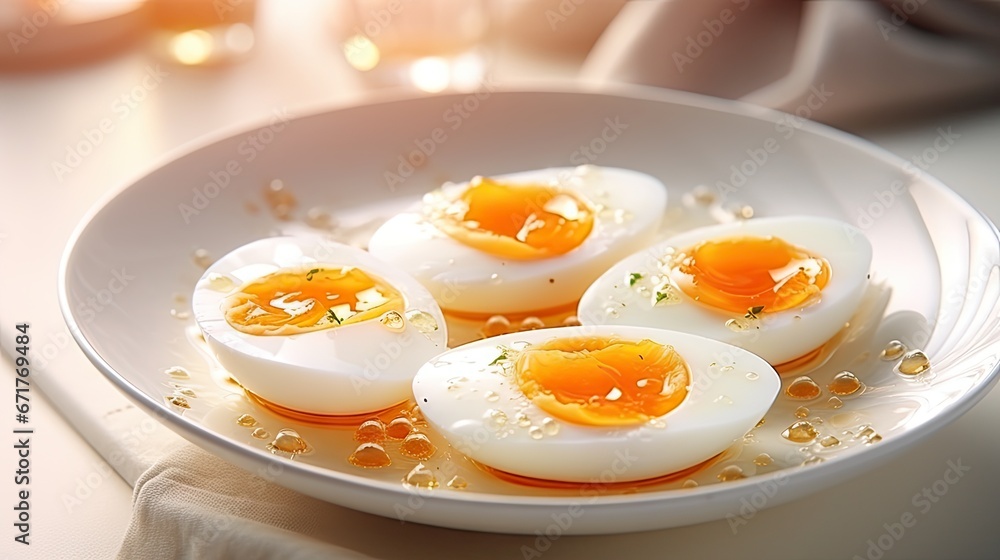 a white plate topped with hard boiled eggs on top of a white table cloth next to a bottle of wine. generative ai a white plate topped with hard boiled eggs on top of a white table cloth next to a bottle of wine. generative ai