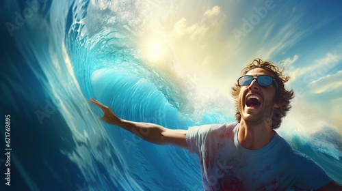 Professional surfer athlete in action on huge waves, AI generated image photo