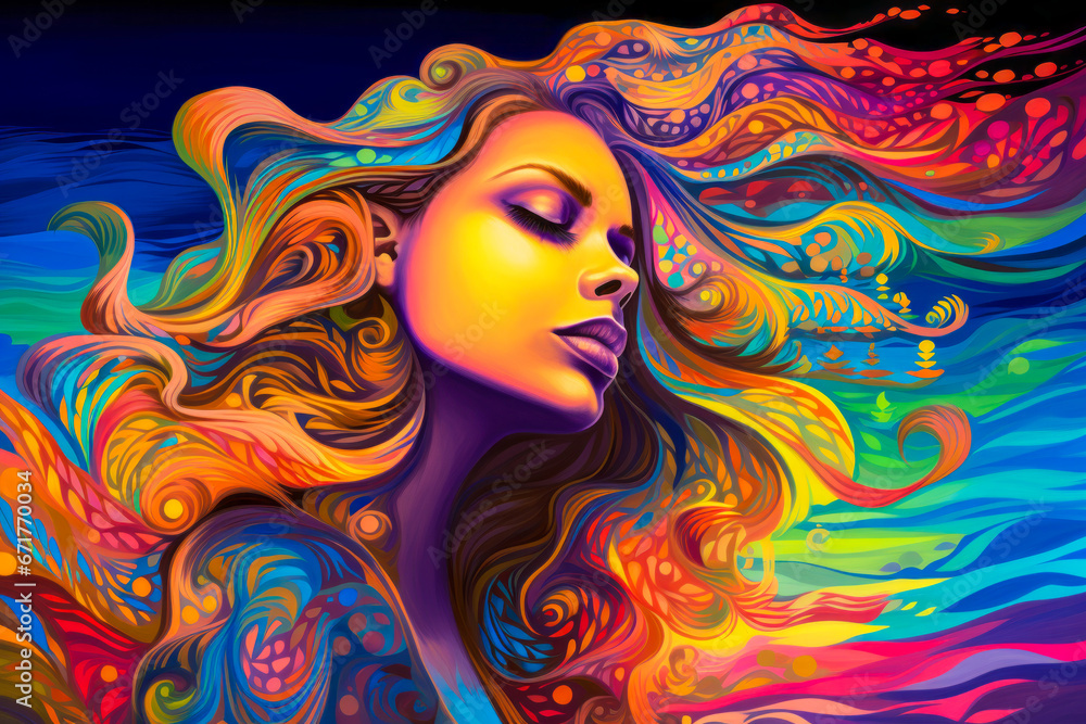 Psychedelic, multicolored portrait of a woman made from filaments.