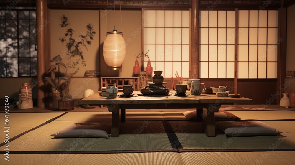 A traditional Japanese tea room adorned with tatami mats, a low table, and intricate tea ceremony utensils.