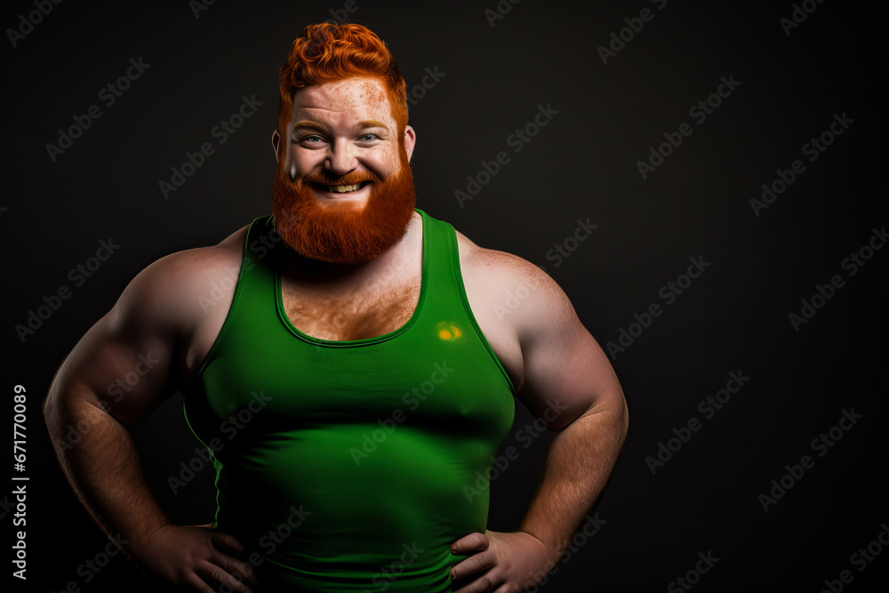 Fototapeta premium Irish redhead in green tank top, friendly and inviting, hands on hips.
