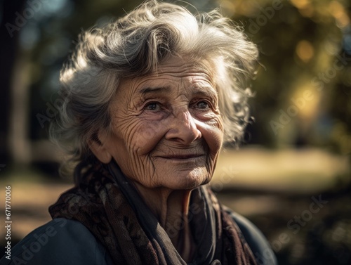 Old woman is smiling in the park.