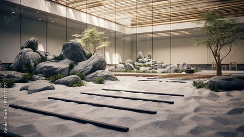 A tranquil Zen garden, enclosed within a modern office building, complete with raked gravel and ornamental rocks.