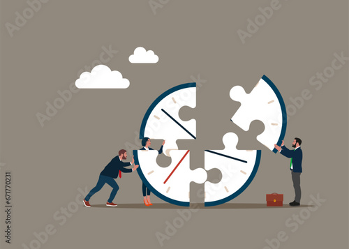 People connecting puzzle elements time clock. 24-7 support service, working hours. Open time. Success long term investment. Vector illustration