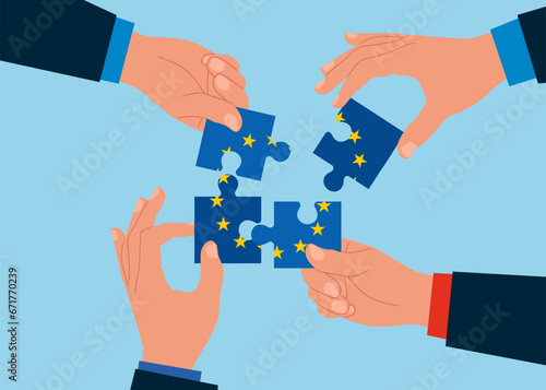 Connecting puzzle elements flag of European Union. Teamwork concept. Vector illustration