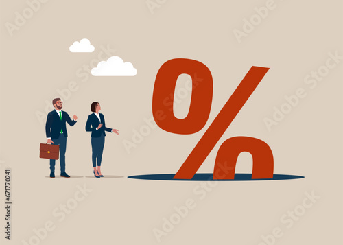 Sign percent fell into a pit. Interest downgrade hike or downgrade rate hike due to inflation. Business failure. Vector illustration