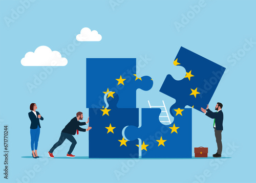 Business people connecting puzzle elements flag of European Union. Flat vector illustration