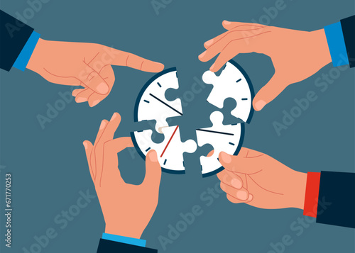 Connecting puzzle elements time clock. Manage time for rush. Vector illustration