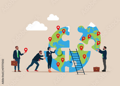 People connecting puzzle elements with planet earth. Global business expansion, open company branches, franchise in new location to cover all continent. Vector illustration