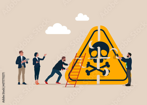 Business people connecting puzzle elements with danger sign. Solving problem, identify risk or critical failure concept. Vector illustration