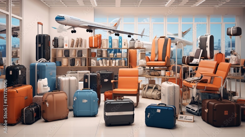 A travel goods store featuring luggage of various sizes, travel accessories neatly pegged, and a simulated airplane seat for testing travel pillows.