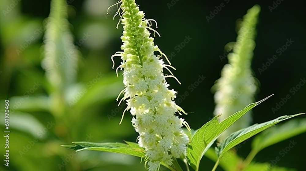 Naklejka premium a close up of a plant with white flowers and green leaves in the foreground and a blurry background in the background. generative ai