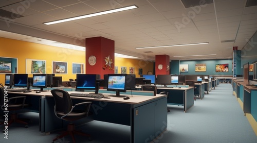 A university career center, decorated in the school's colors, featuring computers for job searches and interview prep rooms.