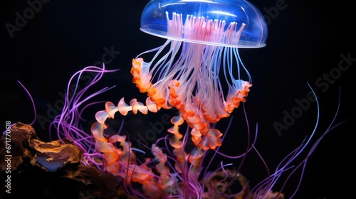  a close up of a jellyfish in a tank with purple and orange corals on the bottom of it.  generative ai © Anna