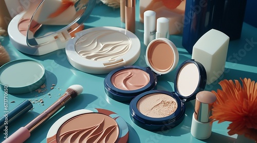 A variety of face primers, setting sprays, and blush palettes stylishly arranged on a wooden surface, framed by a teal backdrop.
