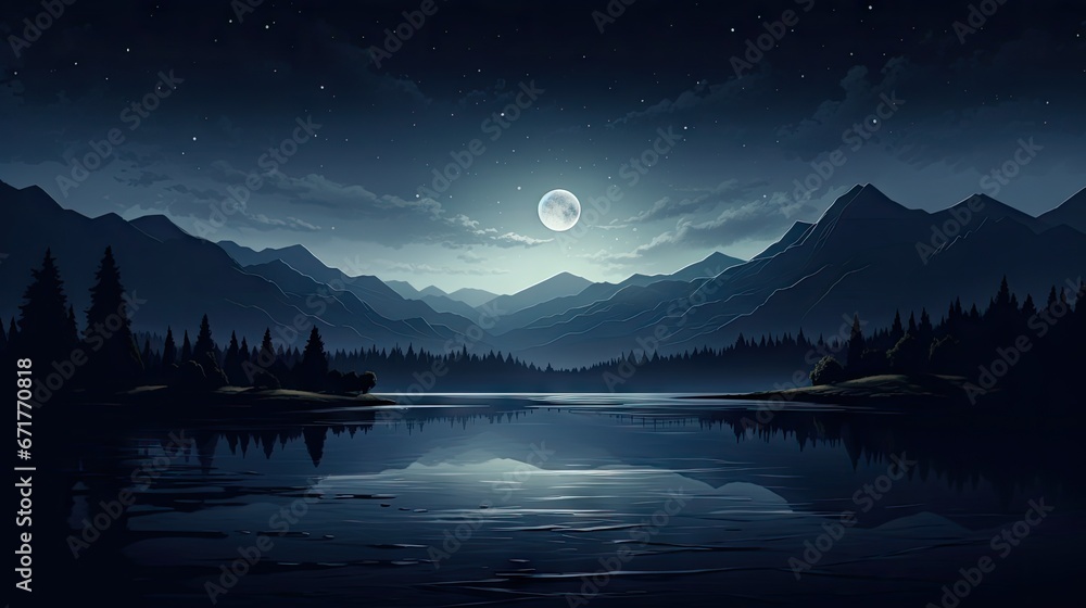 a night scene with mountains, a lake, and a full moon in the sky with a reflection of the moon in the water.  generative ai