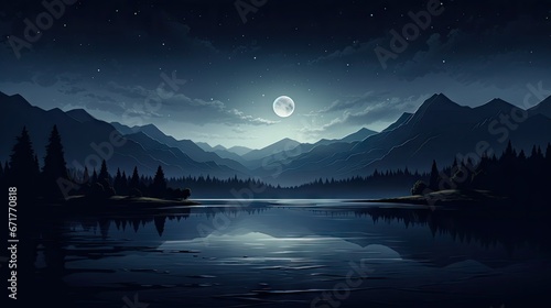  a night scene with mountains  a lake  and a full moon in the sky with a reflection of the moon in the water.  generative ai