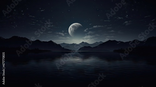  a night scene with a full moon over a mountain range and a body of water with a reflection of the moon in the water.  generative ai