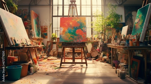 A vibrant art studio, strewn with paintbrushes, canvases, and a solitary artist lost in creative endeavor.